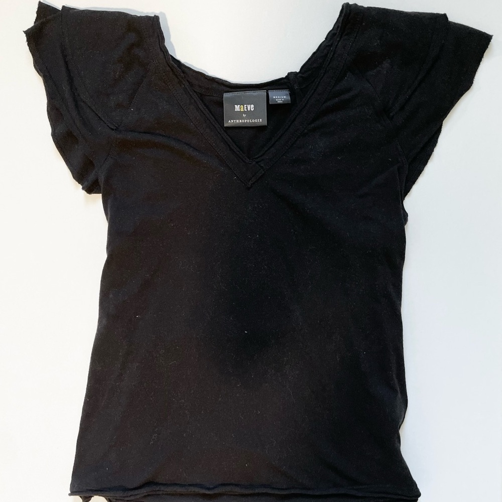 Anthropologie Maeve Black Flutter Sleeve V-Neck Shirt Size‎ M